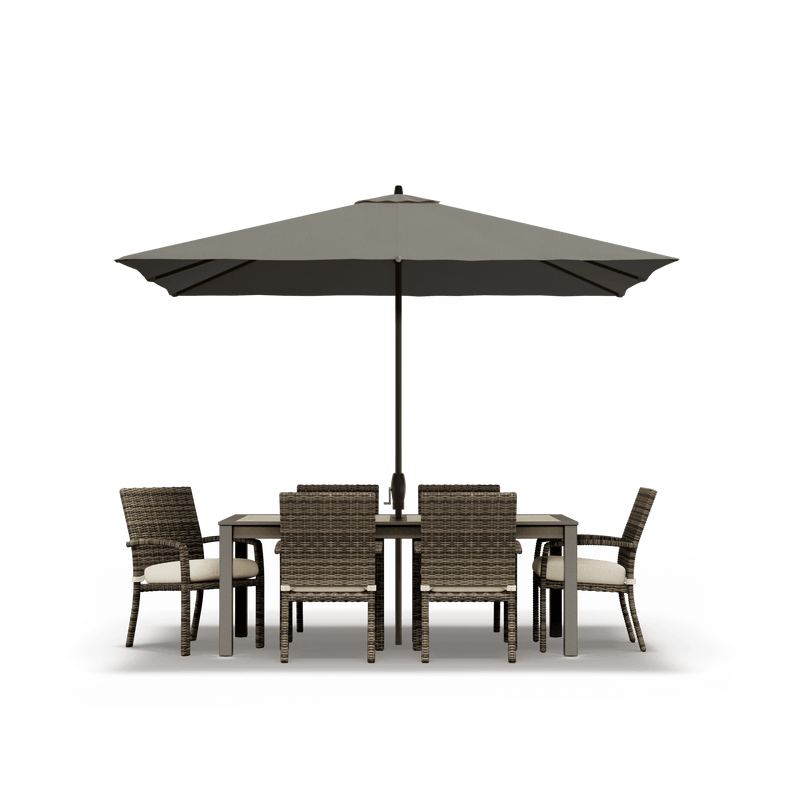Denali Dining Table & 6 Dining Armchairs with Rectangular Patio Umbrella - SunVilla Home