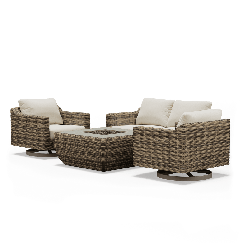 Denali Outdoor Loveseat with Swivel Chairs and Fire Pit - SunVilla Home