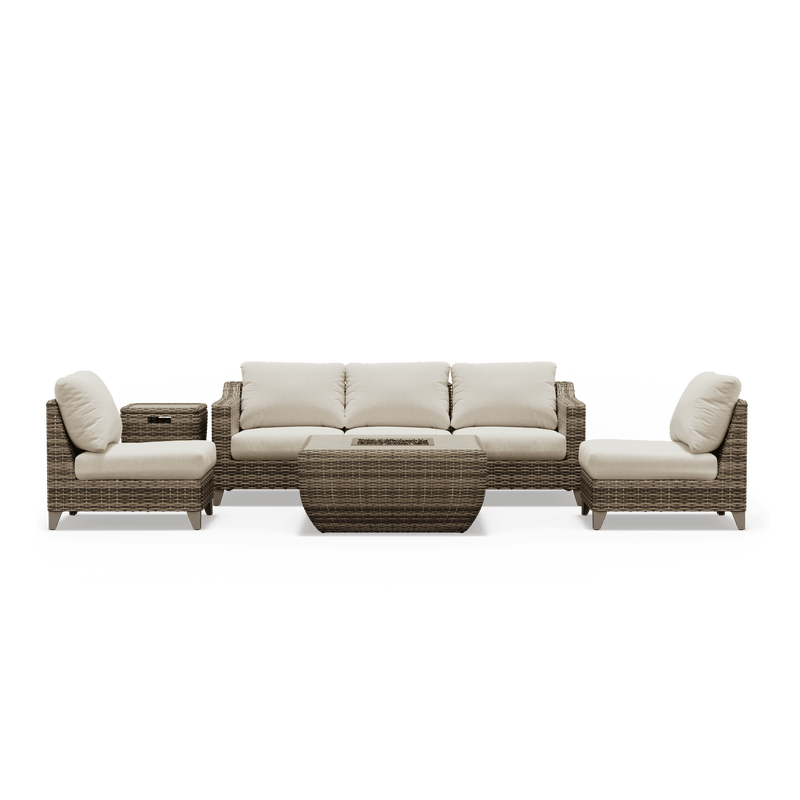Denali Outdoor Sofa with Armless Slipper Chairs and Fire Pit - SunVilla Home