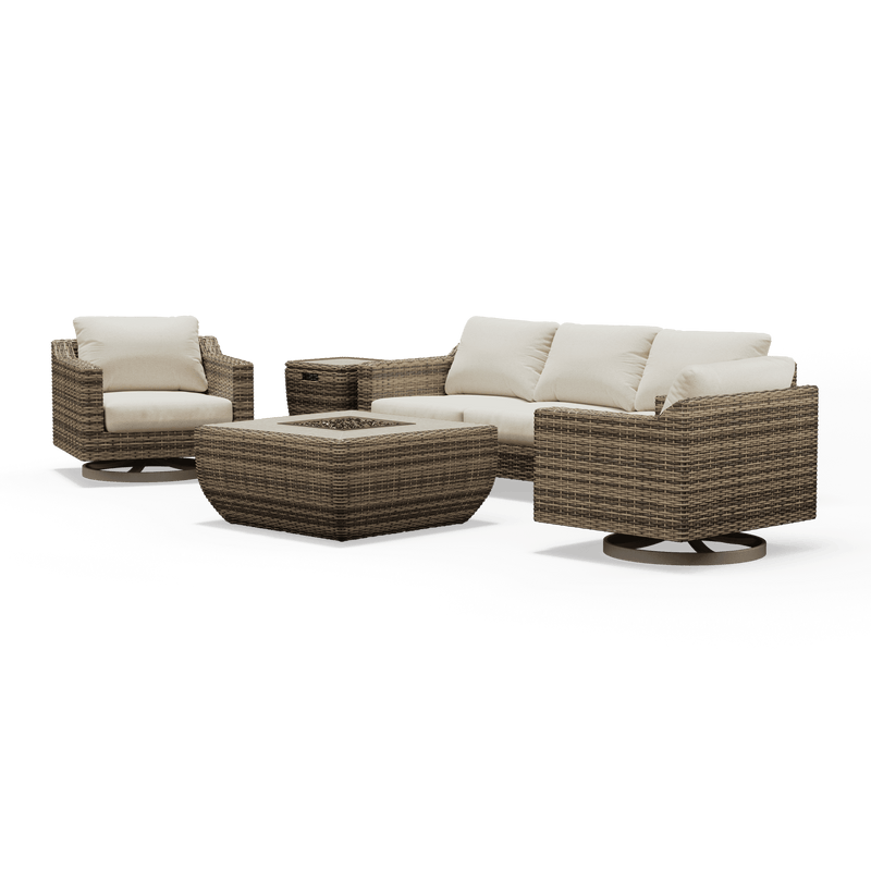 Denali Patio Sofa with Swivel Chairs and Fire Pit - SunVilla Home